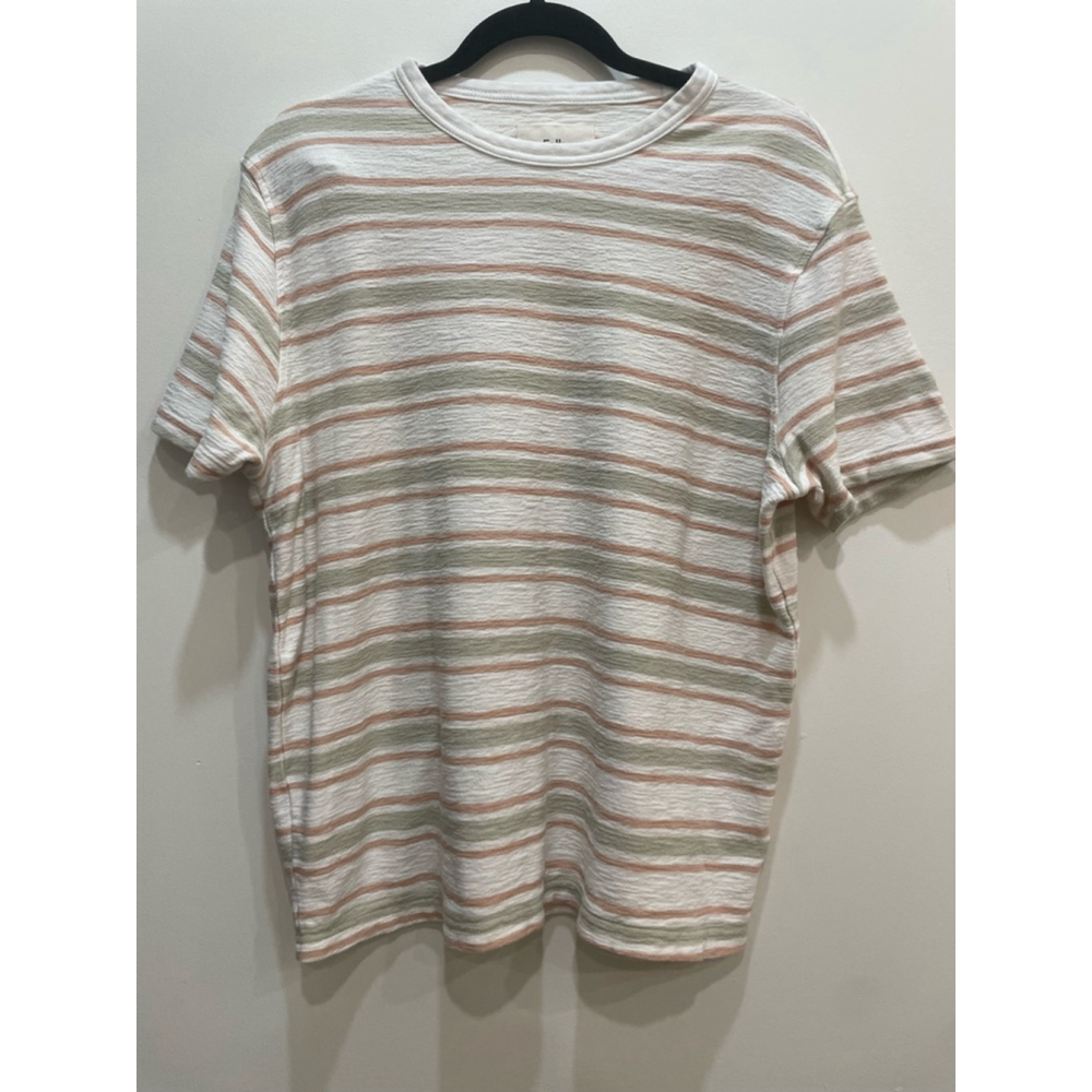 Folk Mens Striped T-Shirt Crew S Textured Cotton Retro Smart Casual 90s